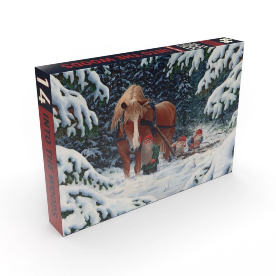 Jigsaw puzzle box with a horse and winter scene design on a white background