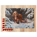 Jigsaw puzzle with a horse and gnomes in a snowy scene on a wooden base.