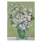 Painting of a green vase with white flowers on a green background