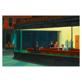Famous painting of a bar scene with people sitting at a counter, featuring a neon sign.