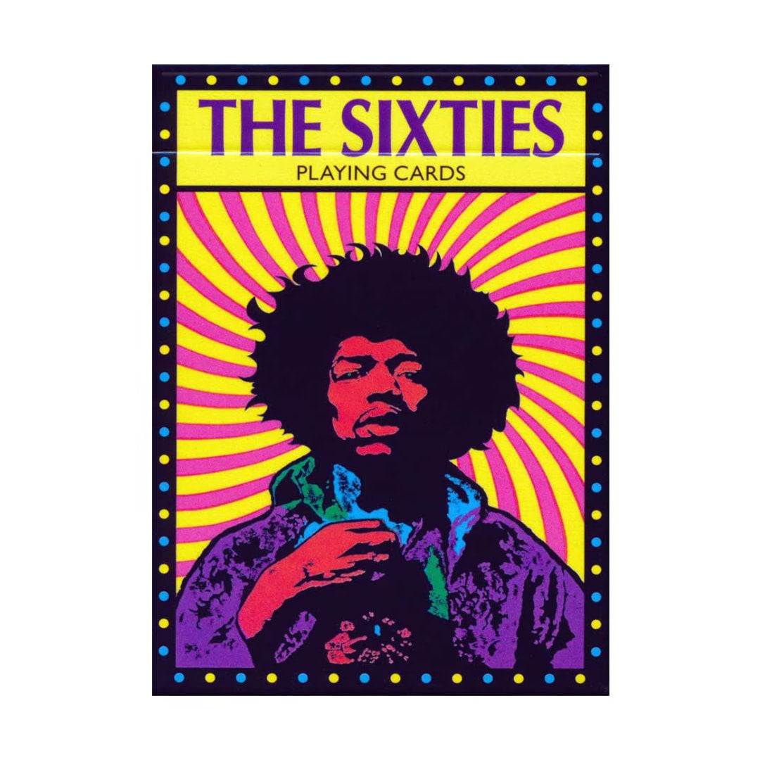 Playing card box with a colorful design featuring Jimi Hendrix and 'The Sixties' text on a white background.