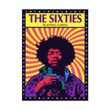 Playing card box with a colorful design featuring Jimi Hendrix and 'The Sixties' text on a white background.