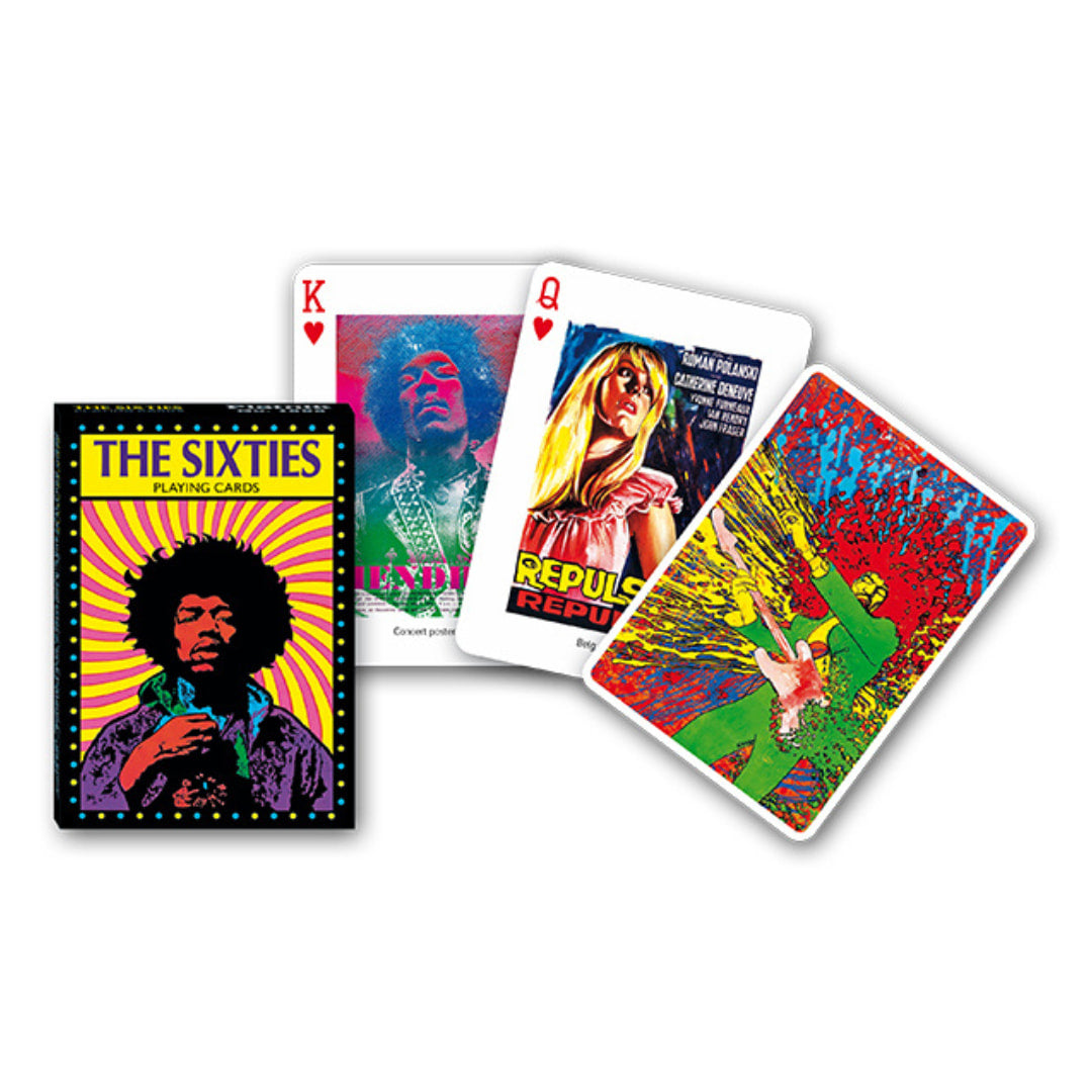 Playing cards with colorful designs and icons of 'The Sixties' theme on a white background