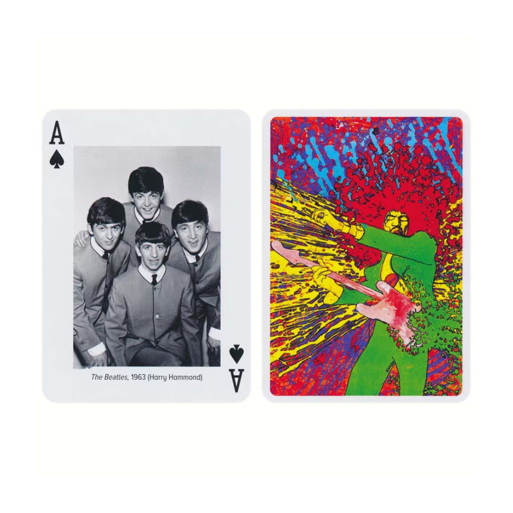 Playing card with a black and white photo of The Beatles and a colorful abstract design on a white background
