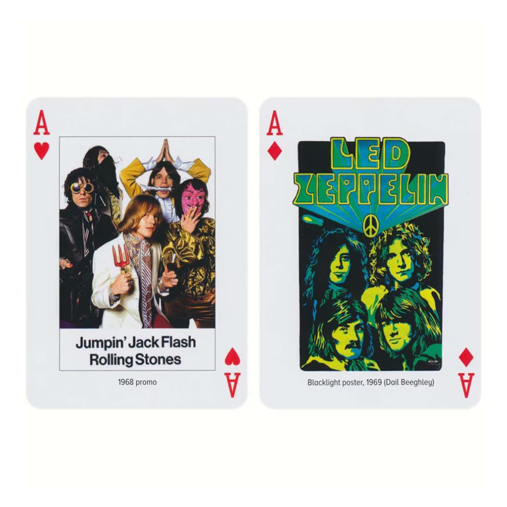 Two playing cards featuring the Rolling Stones and Led Zeppelin on a white background