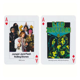 Two playing cards featuring the Rolling Stones and Led Zeppelin on a white background