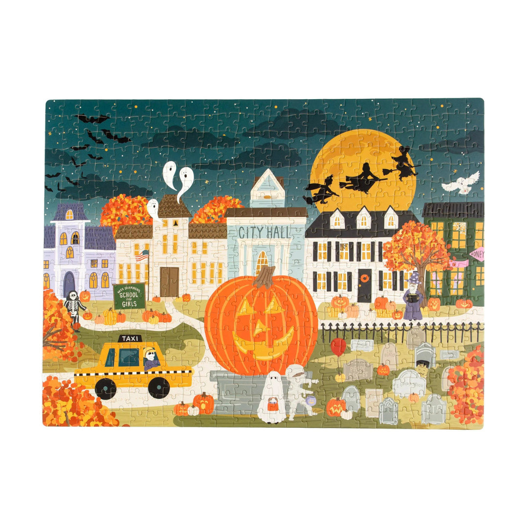 Halloween-themed illustration with a pumpkin, ghosts, and pumpkins in a town setting.
