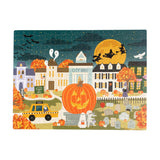 Halloween-themed illustration with a pumpkin, ghosts, and pumpkins in a town setting.