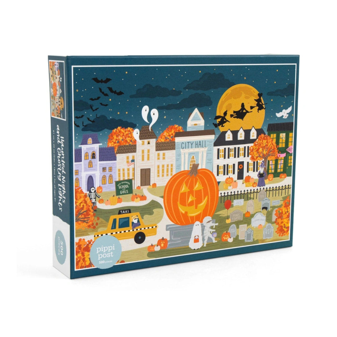Halloween-themed puzzle box with a pumpkin, ghosts, and pumpkins on a city street.