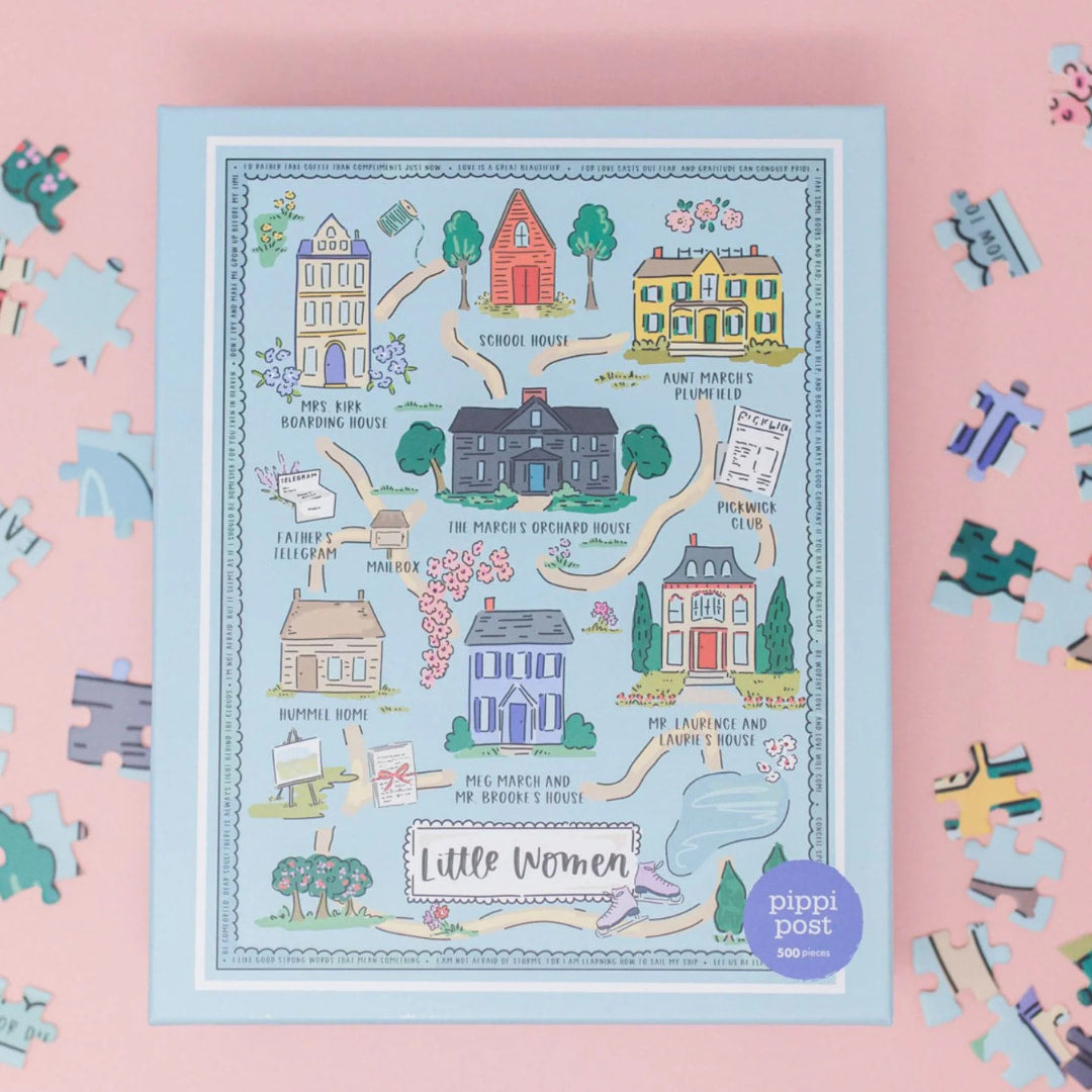 Illustrated map of 'Little Women' book characters' houses with puzzle pieces on a pink background