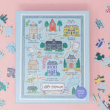 Illustrated map of 'Little Women' book characters' houses with puzzle pieces on a pink background