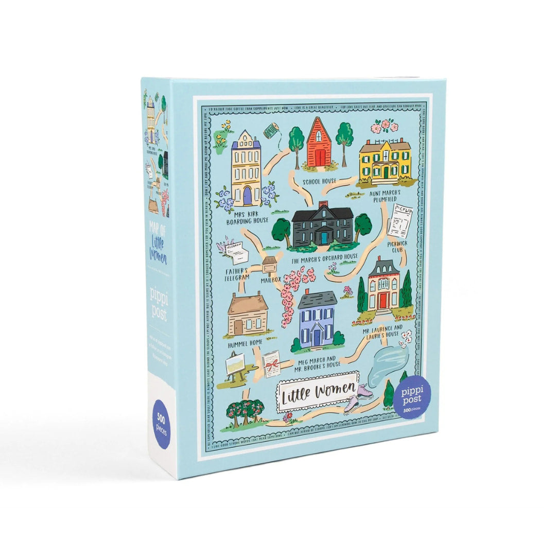 Box with illustrations of houses and text on a light blue background