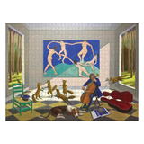 Room with a person playing cello, dogs, and abstract painting on the wall.