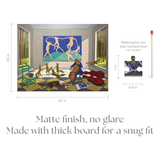 Room scene with people and a cello, size comparison with matchstick, dimensions 27x20 inches.