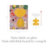 Decorative board with artistic design, size comparison stick, and text about material properties.