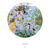 Circular illustration of nature with animals and plants, featuring the artist's name Charley Harper.