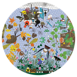 Circular mosaic artwork with birds, flowers, and nature elements on a blue background