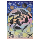 Jigsaw puzzle with black birds and celestial elements on a colorful background