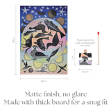 Art print with size measurements and matchstick for scale, featuring celestial and nature-themed designs.