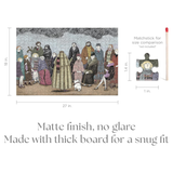 Illustration of a group of people with dimensions and matchstick for size comparison on a white background.