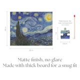 Vincent van Gogh's 'Starry Night' with size comparison measurements and matchstick for scale.