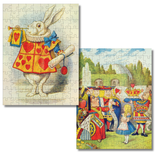 Two jigsaw puzzle panels featuring Alice in Wonderland artwork: one with the White Rabbit and one with the Queen, King, and children in a garden scene.