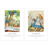 Two illustrated art prints side by side on a white background. The left print shows Alice in Wonderland characters having tea under a tree, with the title 'Sir John Tenniel - The Mad Hatters Tea Party'.