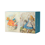 A boxed product featuring 100 piece double sided jigsaw puzzles of Alice in Wonderland artwork, with the White Rabbit on the left panel and Alice reaching for cards on the right panel. The side of the box is blue and shows the brand name 'Pomegranate' vertically.