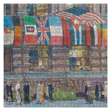 A completed jigsaw puzzle showing an impressionistic city street scene with multiple colorful national flags hanging above storefronts and several pedestrians along the sidewalk.