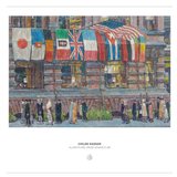 A framed art print featuring an impressionist painting by Childe Hassam of pedestrians in front of a building adorned with multiple national flags, with the artist's name printed below on a white background.