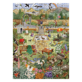 A completed jigsaw puzzle featuring a highly detailed, colorful garden scene with animals, flowers, furniture, and distant mountains. The puzzle is shown flat against a plain white background.