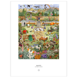 A vertical art print titled 'Garden' by artist Gail Pitt, featuring a highly detailed, whimsical, and colorful illustration of a garden filled with animals, plants, and people. The print is presented on a white background with the artist's name and a small logo printed below.