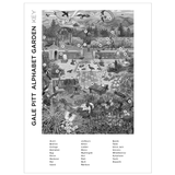 A black and white educational key titled 'GALE PITT ALPHABET GARDEN KEY' showing a detailed garden illustration with numbered labels and a list of alphabet words at the bottom.