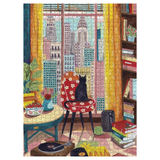 A completed jigsaw puzzle showing a cozy interior scene with a black cat sitting on a red floral chair in front of a city skyline window, next to a table, records, and a bookshelf.