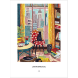 An art print featuring a colorful illustration of a black cat sitting in a red floral armchair by a window with a city skyline view. The print is presented on a white background with the text 'CAROLINE BONNE MÜLLER' and 'by Martin Köhn' printed below.