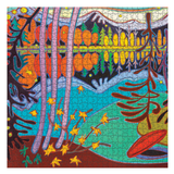 A completed jigsaw puzzle featuring a colorful forest landscape with birch trees, yellow stars, mountains, and a red boat, shown against a plain white background.