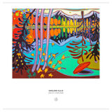 A colorful square art print showing an abstract landscape with trees, mountains, and a red boat on water, centered on a white background with the text 'DARLENE KULIG' and 'END OF CANOE RIDE' below.