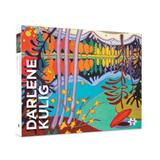 A jigsaw puzzle box featuring a colorful abstract landscape illustration with trees, mountains, and a red frisbee. The box has the text 'DARLENE KULIG' printed vertically on the side, and a small '1000 pieces' label on the front.