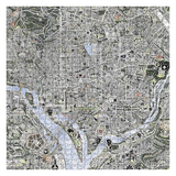 A completed jigsaw puzzle featuring a highly detailed, stylized city map with waterways, roads, parks, and numerous small illustrated icons in muted gray, black, beige, green, and light blue tones.
