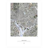 An image of  a highly detailed, stylized city map with waterways, roads, parks, and numerous small illustrated icons in muted gray, black, beige, green, and light blue tones.