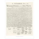 A vertical print of the United States Declaration of Independence, showing the parchment-style background with black printed text and signatures, centered on a white field.