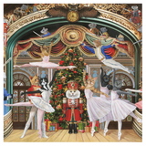A festive illustrated scene of ballet cats dressed as ballerinas around a decorated Christmas tree and nutcracker, set inside an ornate theater stage with curtains, gold detailing, and arched windows.