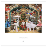 A square art print featuring a whimsical ballet scene with ballerina cats in white tutus, a nutcracker, and other characters in an ornate decorated hall, centered on a white background with the title 'NUTCRACKER KITTIES' and artist name 'CAROL LEW' below.