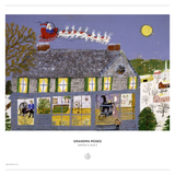 A stylized winter village artwork titled 'Grandma Moses - Santa Claus II' showing a gray house with glowing windows, Santa Claus in a red sleigh across a purple sky, snow, trees, and hills. The print is centered on a white background with the title text below.