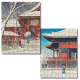Two completed jigsaw puzzle prints showing a snowy red temple scene, displayed on a white background.