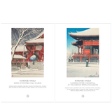 Two framed-style art prints shown side by side on a white background. The left print depicts a snowy red temple scene with the text 'KAWASE HASUI SNOW AT KIYOMIZU HALL IN UENO.