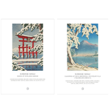 Two framed-style art prints shown side by side on a white background. The left print depicts a snowy red temple scene with the text 'KAWASE HASUI SNOW AT MIYAJIMA SHRINE.