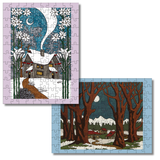 Two illustrated jigsaw puzzles or puzzle covers shown on a white background. The top-left piece has a lavender border and depicts a snowy house under a crescent moon with white flowers.