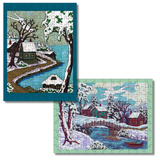 Two completed winter-themed jigsaw puzzles shown overlapping on a white background. The top puzzle has a dark teal border and depicts a snowy landscape with trees, a winding road, and a small house.