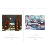 A two-print art set featuring illustrated winter scenes with houses, snowy trees, a crescent moon, and blue water, printed on white cards with the text 'CJ Hurley' and titles 'The Copse' and 'The Village In Snow'.